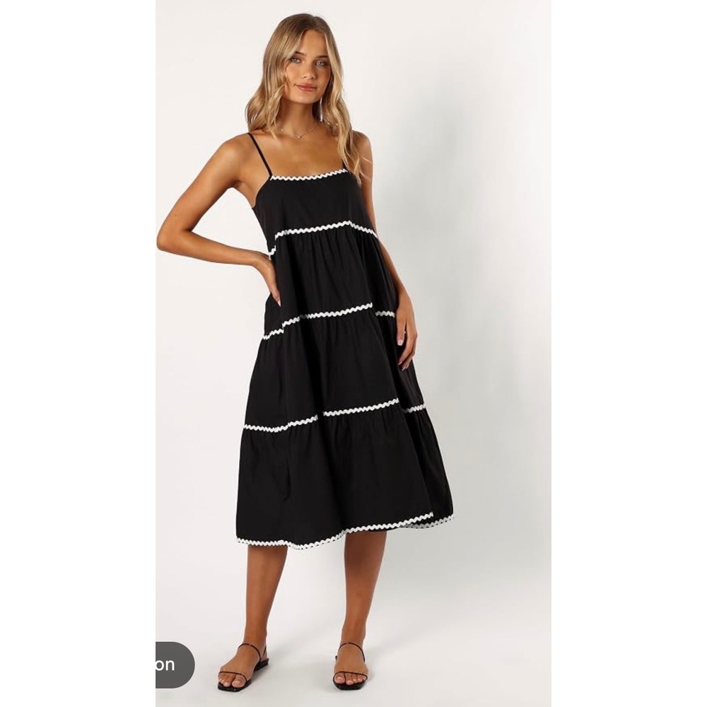 Petal and Pup Loella Tiered Midi Dress Black Rick Rack Trim US 8 NEW